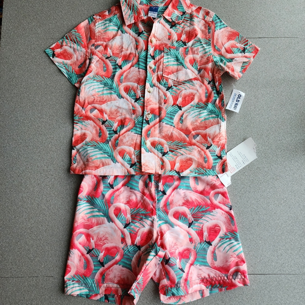 NWT Old Navy flamingo print button down shirt and swim trunks, 3T/4T